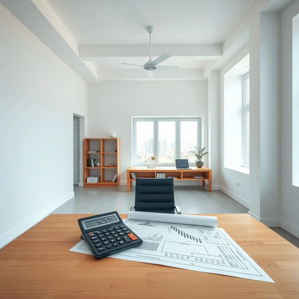 Minimalist architectural office with clean lines, blueprints