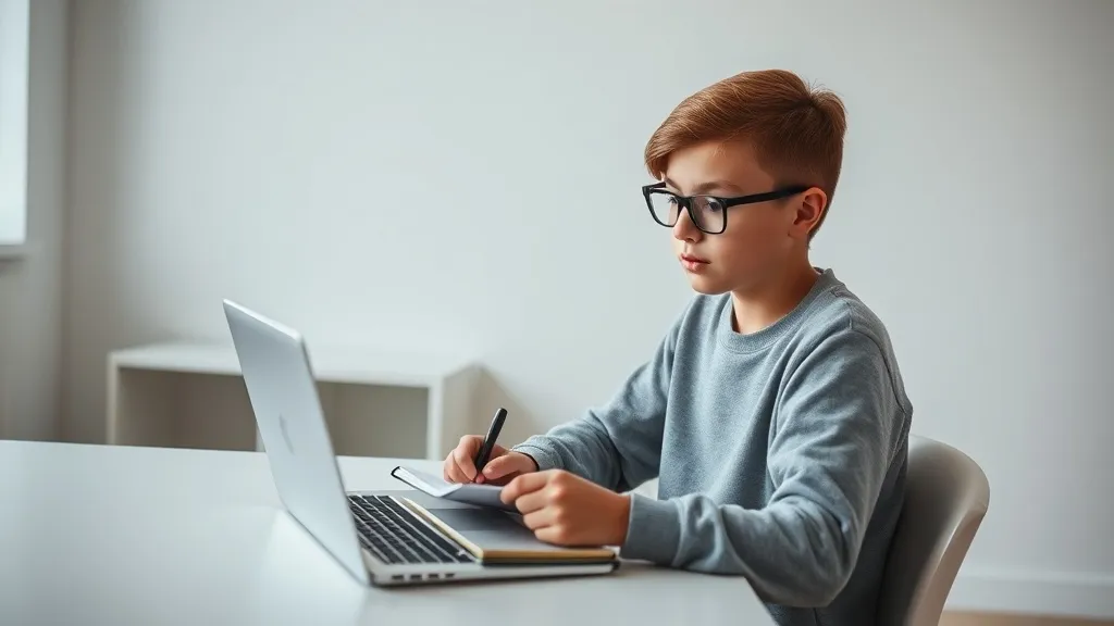 A focused teenager using a laptop and a notebook, clean mode